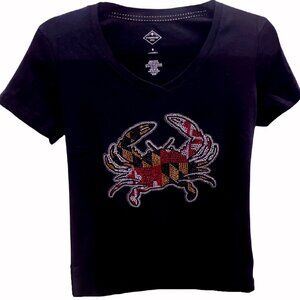 Maryland Flag Crab Rhinestone Woman’s V-Neck Short Sleeve Sleeve - NEW Fast Ship